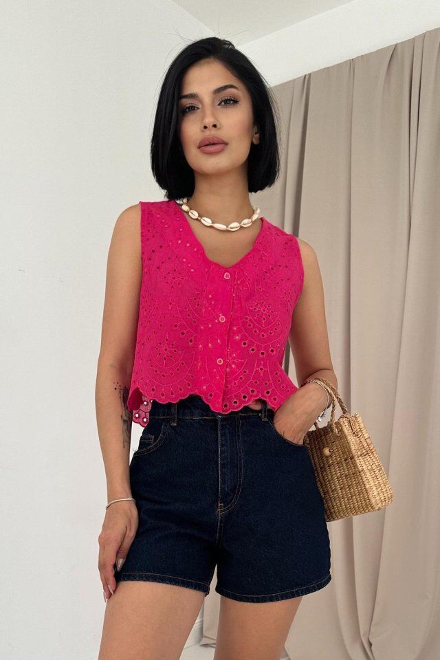 Fuşya Sıfır Kol Brode Bluz