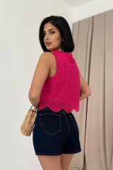 Fuşya Sıfır Kol Brode Bluz