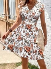 Kadın Kısa Kollu Kruvaze Yakalı çiçekli Desenli Süprem Elbise