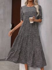 Kadın Mini Leopar Desen Midi üç Kat Elbise