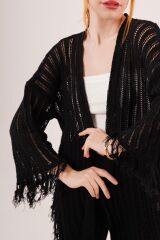 Püskül Detaylı Delikli Model Siyah Hırka