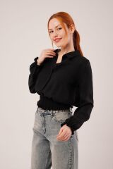 Bel Ve Bilek Lastikli Siyah Bluz