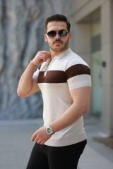 Erkek Fermuar Yakalı şerit Renk Desenli Kısa Kollu Tişört