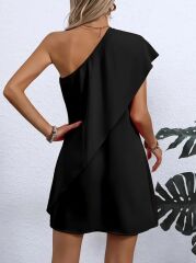 Kadın Tek Omuzu Açık önü Asimetrik Kesim Detaylı Sandy Elbise