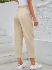 Kadın Yüksek Bel Yandan Cepli Düğme Detaylı Geniş Kesim Ithal Krep Pantolon