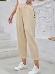 Kadın Yüksek Bel Yandan Cepli Düğme Detaylı Geniş Kesim Ithal Krep Pantolon