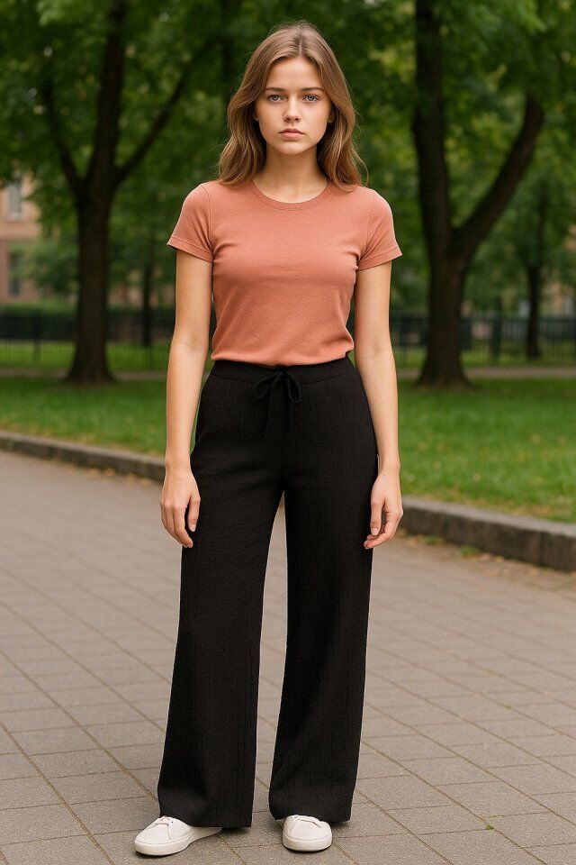 Kadın Beli Lastikli Pol Paça Pantolon