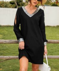 Kadın Siyah Uzun Kollu Kollar Tül Yırtmaçlı V Yakalı Kısa Krep Elbise