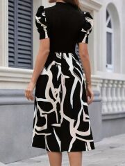 Kadın Kısa Kollu Yarı Balıkçı Yaka üst Viskon Alt Desenli Dokuma Midi Elbise