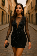 Kadın Uzun Kollu Yuvarlak Yaka Dekolteli Taşlı Dalgıç Elbise