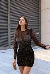 Kadın Uzun Kollu Yuvarlak Yaka Dekolteli Taşlı Dalgıç Elbise