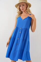 Sıfır Kol Düğmeli Kısa Elbise 2571 - Saks