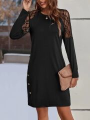 Kadın Uzun Kollu Kolları Dantelli Yuvarlak Yandan Düğme Detay Yaka Viskon Iki Iplik Elbise