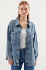 0694 Çift Cepli Oversize Denim Ceket - Buz Mavi