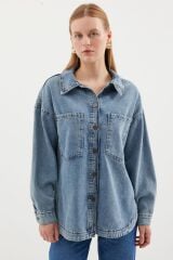 0694 Çift Cepli Oversize Denim Ceket - Buz Mavi