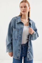 0694 Çift Cepli Oversize Denim Ceket - Buz Mavi