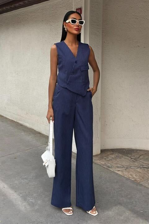 Yeleği Çapraz Detay Düğmeli Cepli Yelekli Takım 10150