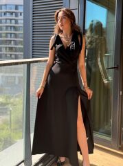 Kadın Askılı Omuzdan Bağlamalı Kruvaze Yakalı Uzun Yırtmaçlı Janjan Krep Elbise