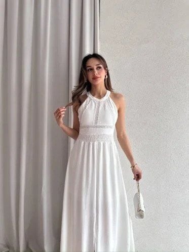 Kadın Krinkil Kumaş Beli Gipeli Halter Yaka Maxi Boy Elbise