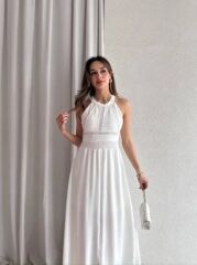 Kadın Krinkil Kumaş Beli Gipeli Halter Yaka Maxi Boy Elbise