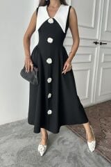 Siyah Gül Detaylı Atlas Elbise