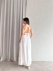 Kadın Krinkil Kumaş Beli Gipeli Halter Yaka Maxi Boy Elbise