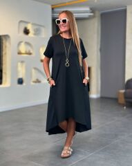 Kadın Kısa Kollu Bisiklet Yaka Asimetrik Kesim ön Viskon Arkası Trikoton Elbise