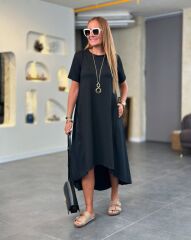 Kadın Kısa Kollu Bisiklet Yaka Asimetrik Kesim ön Viskon Arkası Trikoton Elbise