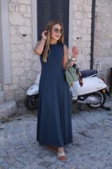 Kadın Sıfır Kollu Bisiklet Yaka Viskon Elbise