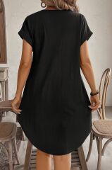 Kadın Kısa Kollu önden Düğmeli Ithal Keten Elbise