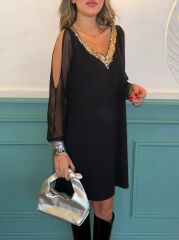 Kadın Siyah Uzun Kollu Kollar Tül Yırtmaçlı V Yakalı Kısa Krep Elbise
