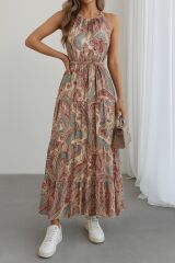 Kadın Halter Yakalı Omuzlardan Açık Kuşaklı Maksi Boy Desenli Süprem Elbise