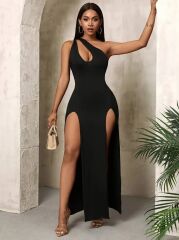 Kadın Tek Omuzdan Açık Damla Detaylı Yırtmaç Detaylı Uzun Janjan Krep Elbise