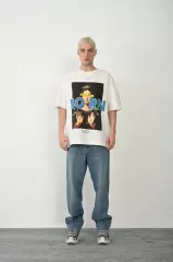 Unisex Baskılı Bisiklet Yaka Oversize T-Shirt - Beyaz