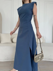 Keten Yandan Yırtmaçlı  Uzun Sıfır Kolsuz Elbise - Mavi