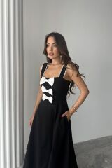 Siyah Fiyonk Garnili Dantelli Elbise