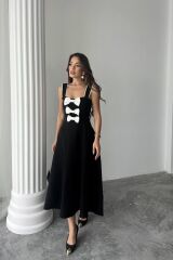 Siyah Fiyonk Garnili Dantelli Elbise