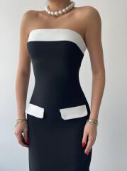 Cep Detaylı Straplez Elbise