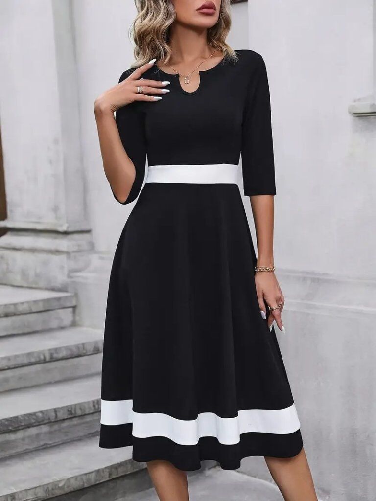 Kadın Truvakarkol Yakası Açık Blok Renkli Krep Midi Elbise