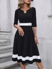 Kadın Truvakarkol Yakası Açık Blok Renkli Krep Midi Elbise