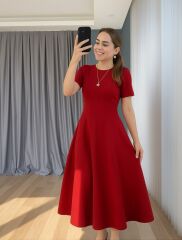 Kadın Kısa Kollu Bisiklet Yaka Maksi Boy Ithal Krep Elbise