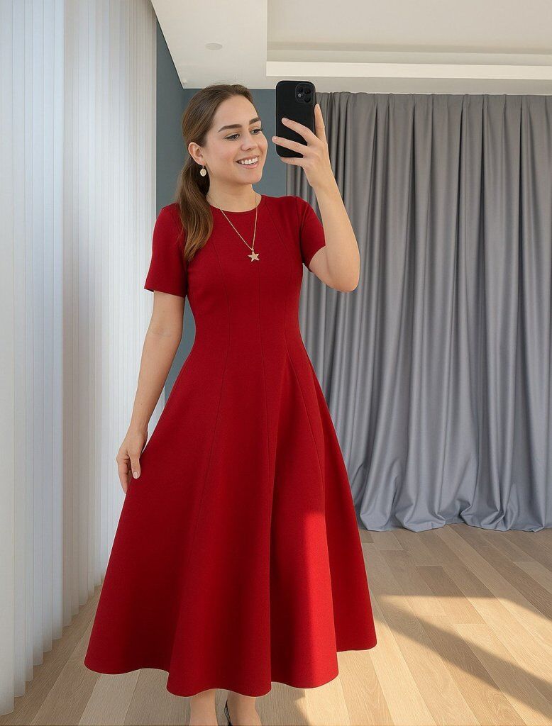 Kadın Kısa Kollu Bisiklet Yaka Maksi Boy Ithal Krep Elbise