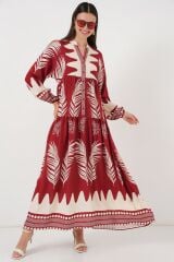 2423 Otantik Desenli Tesettür Elbise - G.Bordo