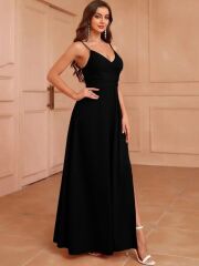 Kadın Ip Askılı Kruvaze Yakalı Derin Dekolteli Yırtmaçlı Ithal Krep Elbise