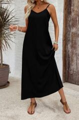 Kadın Ip Askılı Geniş V Yakalı Desenli Süprem Elbise