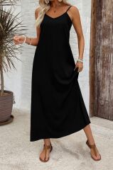 Kadın Ip Askılı Geniş V Yakalı Desenli Süprem Elbise