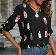 Kadın Yaprak Baskı Ayarlanabilir Truvakar Kol Süper Soft Bluz