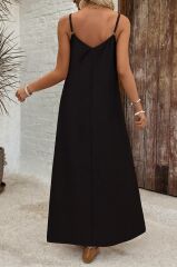 Kadın Ip Askılı Geniş V Yakalı Desenli Süprem Elbise