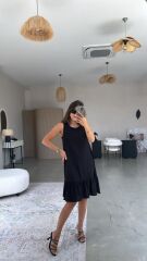 Kadın Bisiklet Yaka Eteği Volanlı Bürümcük Elbise