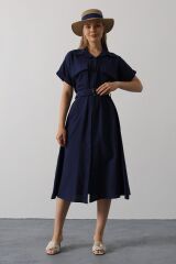 Kuşaklı Cep Detaylı Yarım Kol Elbise - Lacivert